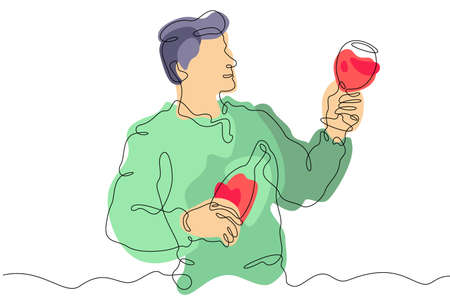 One continuous line.The man drinks alcohol. Male character holding a glass of wine. red wine. Abstract flat color illustration.のイラスト素材