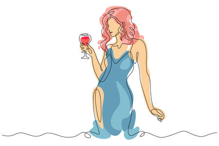One continuous line.A woman in a blue dress. Lady with a glass of wine in hand. red wine. Abstract flat color illustration.のイラスト素材