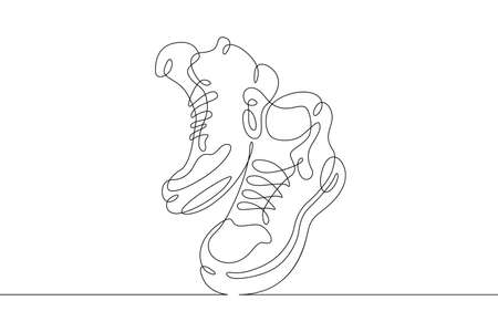One continuous line. Sports shoes. Nice high top sneakers. Sneakers for every day. One continuous line is drawn on a white background.のイラスト素材