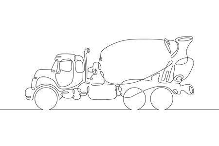 One continuous line.Automotive Concrete Mixer. concrete truck. Concrete carrier.Construction equipment . special machines. Construction machinery.One continuous line is drawn on a white background.のイラスト素材