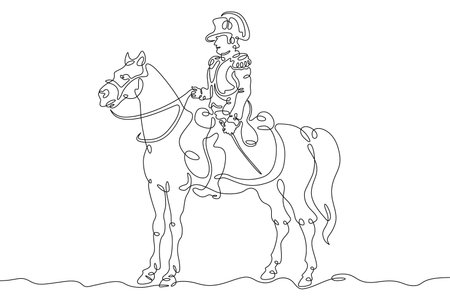 One continuous line. historical character. French emperor Bonaparte Napoleon on horseback. Soldier in a cocked hat. Military rider in dress uniform.One continuous line on a white background.のイラスト素材