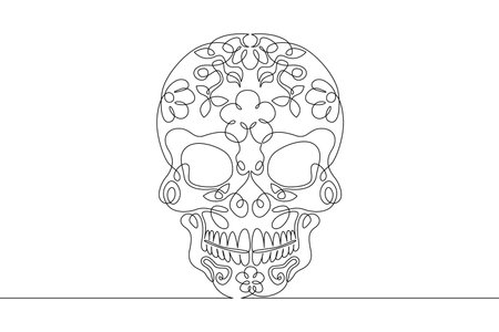 One continuous line. The day of the Dead. sweet skull. Dia de Muertos. Halloween. Skull with flowers. One continuous line on a white background.のイラスト素材