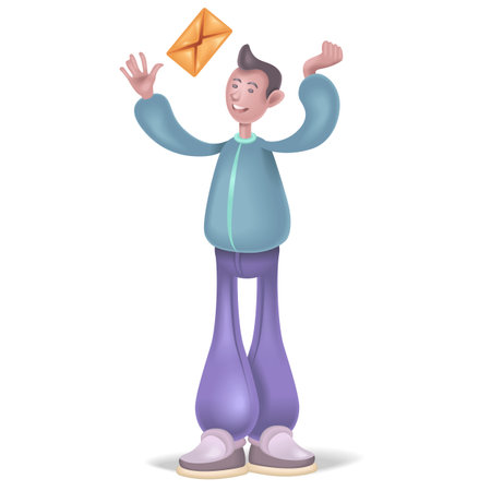 The man receives a letter in an envelope. A young man catches a letter sealed in an envelope. letter. Mail. The envelope. 3d male people character.Cartoon minimal illustration.のイラスト素材