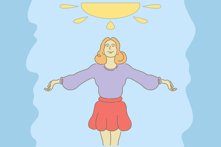 Happy woman. Joy. Woman with loose hair. Character with open arms. Hand drawn style vector illustrations. line character design.のイラスト素材