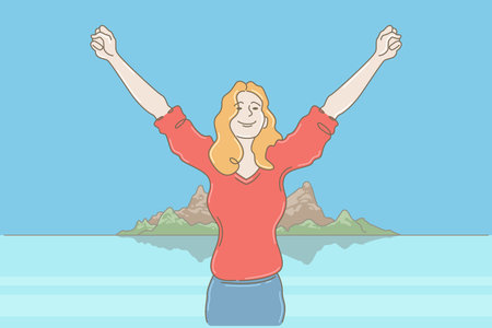 A woman enjoys a vacation at sea. woman with raised hands. Vacation on a tropical island.Hand drawn style vector illustrations. line character design.のイラスト素材