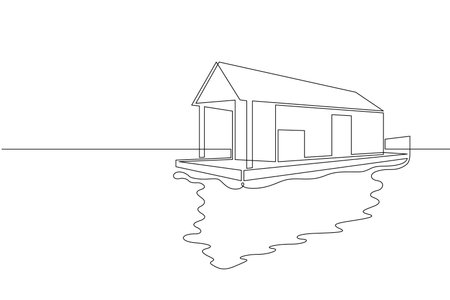 One continuous line. Modern house near the water. Minimalist house on the beach. One continuous line on a white background.のイラスト素材