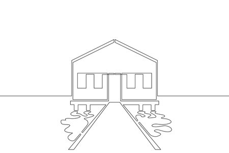 One continuous line. Modern house near the water. Minimalist house on the beach. One continuous line on a white background.のイラスト素材