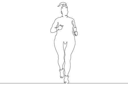 One continuous line. Fat woman on a run. The fat woman goes in for sports. The woman is trying to lose weight. Obesity. Jogging on the street.One continuous line drawn isolated, white background.の写真素材