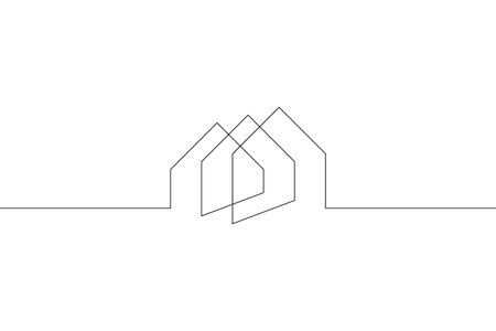 One continuous line. Minimalist home logo design. Residential building logo. Construction and rent. residential building. house. One continuous line drawn isolated, white background.のイラスト素材