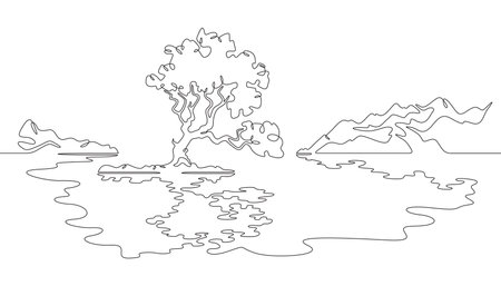 Big beautiful tree on the shore of a mountain lake. Reflection in water. Beautiful mountain landscape. One continuous line drawing. Linear. Hand drawn, white background. One line.のイラスト素材