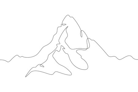 The top of the mountain range. Beautiful mountain landscape. High mountain peak. One continuous line drawing. Linear. Hand drawn, white background.のイラスト素材