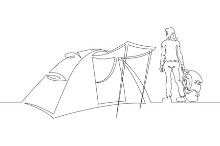 A tourist with a backpack stands in a tent. Tourist tent. Camping. A traveler gets ready to go on a journey. Halt on the hike. One continuous line drawing. Linear. Hand drawn, white background. One line.のイラスト素材