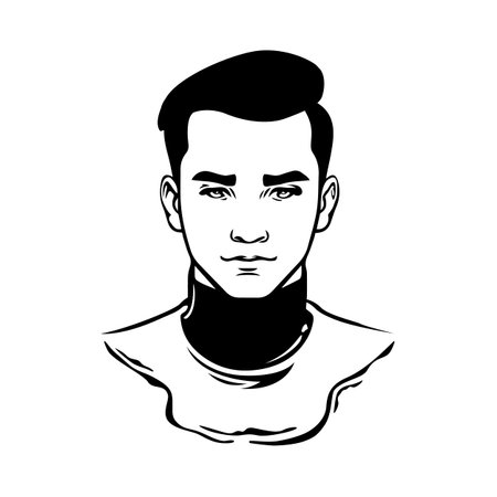 Head of a man. Black and white portrait of a young man. Character avatar icon. Flat isolated illustration on white background.のイラスト素材