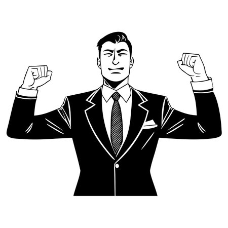 Politician with his hands raised high. Businessman celebrating victory. A man in a business suit. Successful man. Black and white portrait. Character comics avatar icon. Flat isolated illustration on white background.のイラスト素材