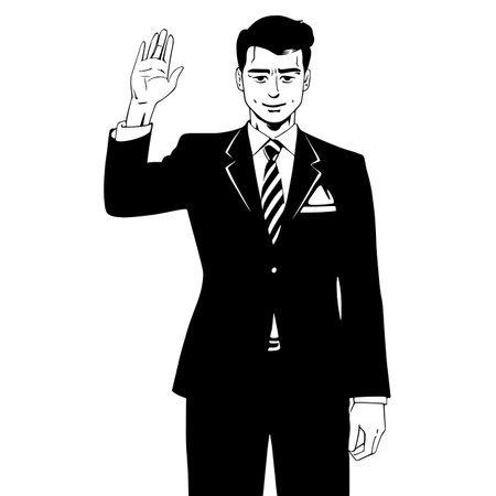 Politician with his hands raised high. Businessman celebrating victory. A man in a business suit. Successful man. Black and white portrait. Character comics avatar icon. Flat isolated illustration on white background.のイラスト素材