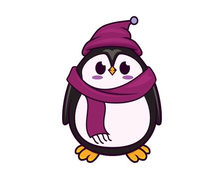 Cute and Sweet Penguin Wearing Warm Hat and Scarf with Cartoon Styleのイラスト素材