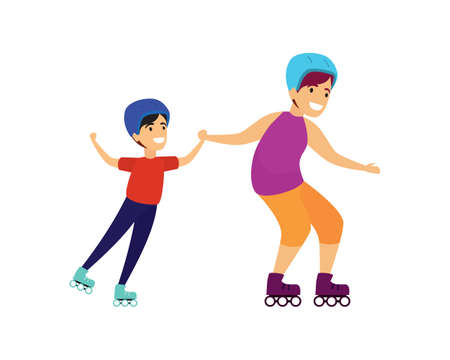 Sibling Ride on Roller Skates Together Illustration Vectorのイラスト素材