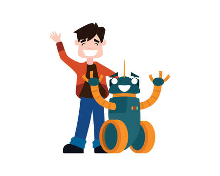 a Boy and Robot Greeting with Happy Expression Illustration Vectorのイラスト素材