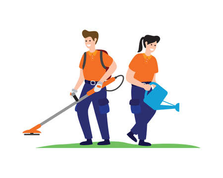 Smiling and Happy Home Cleaners or Housekeepers Vacuuming Floor and Watering Plants Vectorのイラスト素材