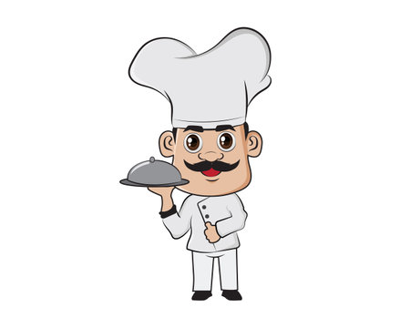 Happy Chef Holding and Serving Dish Illustration with Cartoon Styleのイラスト素材