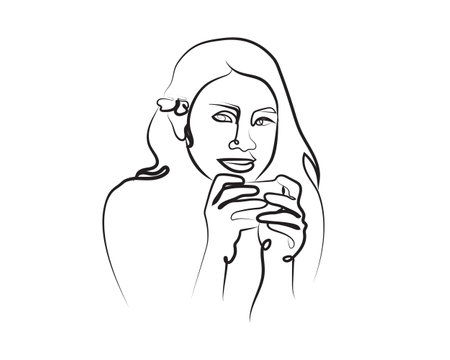Smiling Woman Holding A Cup of Cofffee Silhouette Line Art Styleのイラスト素材