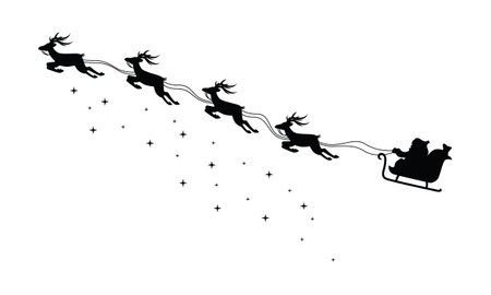 Santa Claus Flying in Sleigh Lifted by Flying Reindeer Sprinkled with Sparkles Illustration visualized with Silhouette Styleのイラスト素材