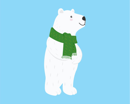 Cute Polar Bear Wearing Green Scarf Illustration visualized with Cartoon Styleのイラスト素材