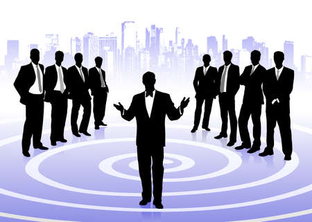 on the image the group of businessmen against the megalopolis is presentedのイラスト素材
