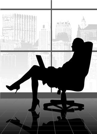 on the image the woman at office at the computer is presentedのイラスト素材