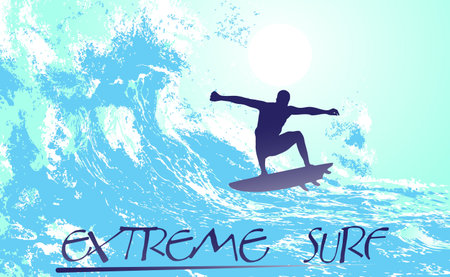 on the image the surfer on waves is presented