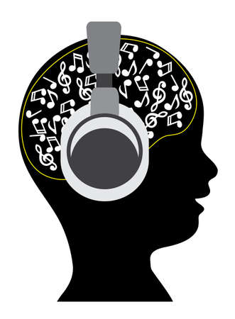 child in stereo earphones with notes in the headのイラスト素材