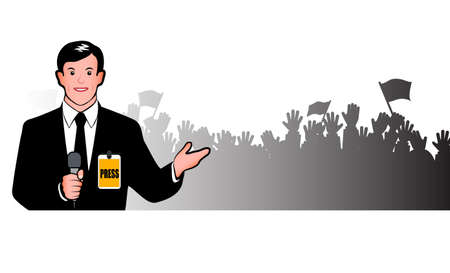 Journalist with microphone against the background of the publicのイラスト素材