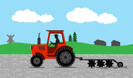 tractor processes the earth a rural landscapeのイラスト素材