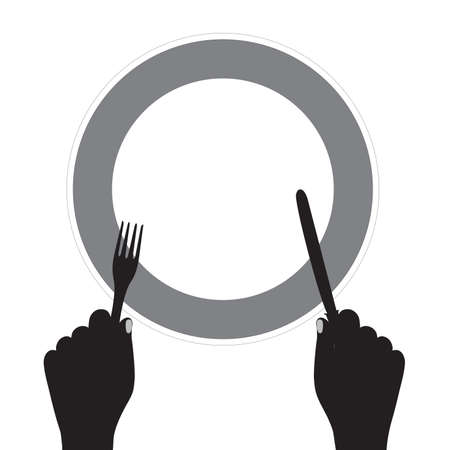 fork and knife in hands over a plate with a place for your textのイラスト素材