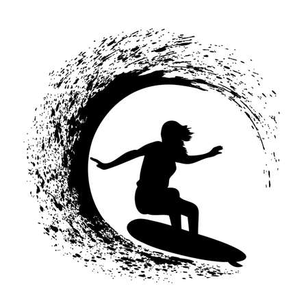 silhouette of the surfer on an ocean wave in style grungeのイラスト素材