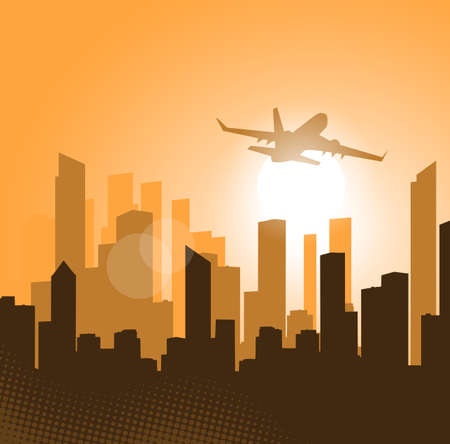 plane taking off at sunset backgroundのイラスト素材