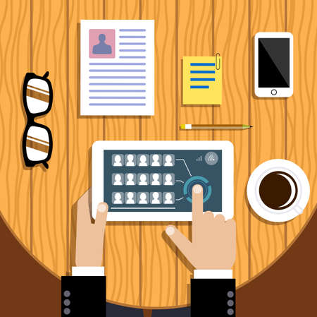 tablet in hands. The concept of communication business of groups in a network. flat styleのイラスト素材