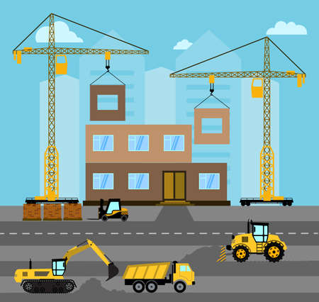 Construction. Process building.Industrial landscape Vector flat illustration.のイラスト素材