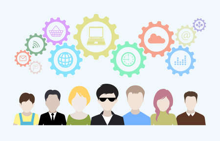 Concept of modern business and teamwork. Design background with avatars of people, gears, iconsのイラスト素材