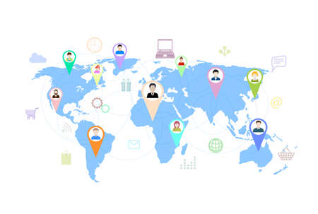 Concept of modern business and teamwork. Design background with avatars of people, gears, iconsのイラスト素材