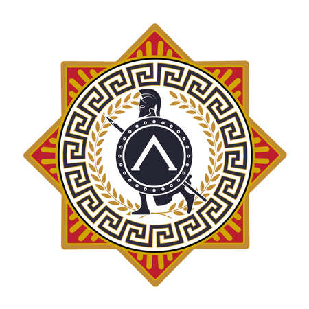 label with the Greek pattern. silhouette of the Spartan soldierのイラスト素材