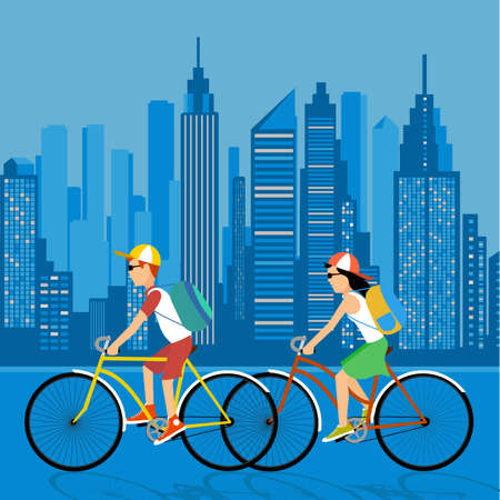 Cycle tourism. People against the city. vector illustrationのイラスト素材