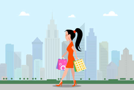 Girl with shopping on the background of the cityのイラスト素材