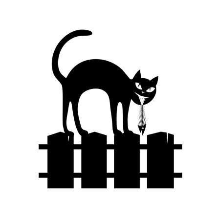 black silhouette of the sitting cat on a fence.のイラスト素材