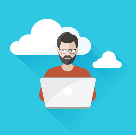 man working at the computer using cloud computingのイラスト素材