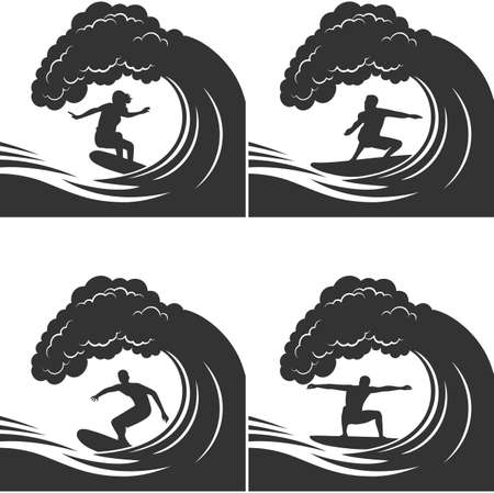 surfer on a wave monochrome setのイラスト素材