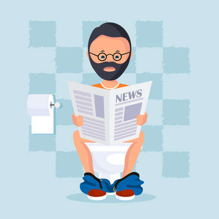 Person in the toilet room sitting on a toilet bowl reads a morning paper. Vector illustration flat style.のイラスト素材