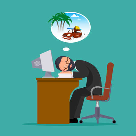 Office worker of a dream of a summer vacation, vector illustration.のイラスト素材