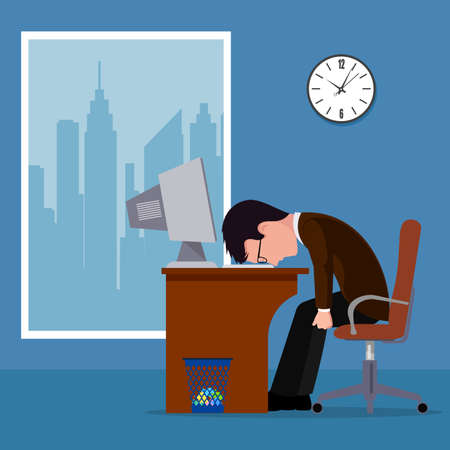Comical image of office worker who has fallen asleep in a workplace, vector illustration.のイラスト素材