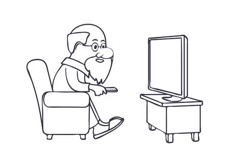 Ridiculous caricature, the elderly man watches TV, a vector illustration.のイラスト素材
